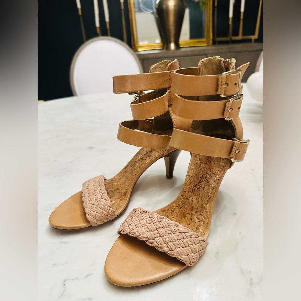 Sam Edelman Vista Sandals Tan Leather Triple Ankle Buckle Straps Zip Shoes Sz 6M